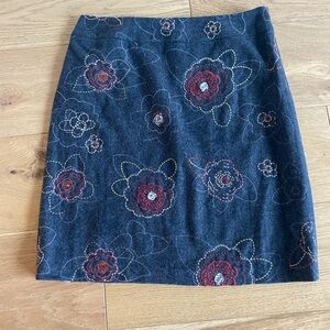 LOFT Charcoal Floral Embroidered Knee Length Skirt
